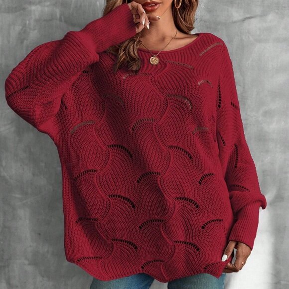 Burgundy Casual Women's Round Neck Drop Shoulder loose knit Sweater - Picture 3 of 7
